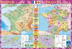 France. Фізична карта. Політико-адміністративна карта, м-б 1: 1 500 000