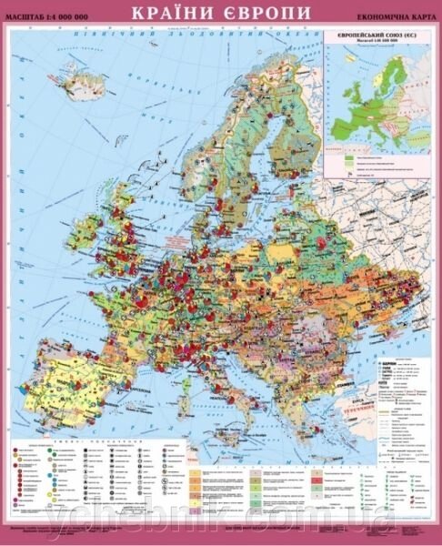 КРАЇНИ ЄВРОПИ. ЕКОНОМІЧНА КАРТА (НА КАРТОНІ, НА ПЛАНКАХ) Масштаб 1: 4 000 000, 107 x 134 см від компанії ychebnik. com. ua - фото 1