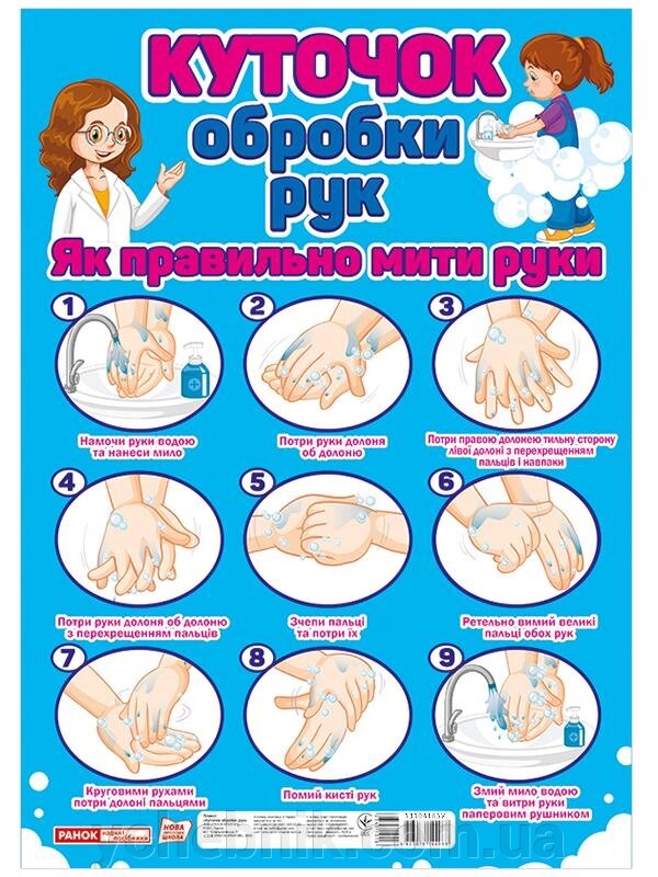 Плакат Куточок ОБРОБКИ рук. Покрокова інструкція в малюнках як міти руки 2020 від компанії ychebnik. com. ua - фото 1