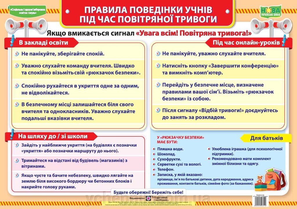 Правила поведінки учнів під час повітряної тривоги Плакат Демчак О. від компанії ychebnik. com. ua - фото 1