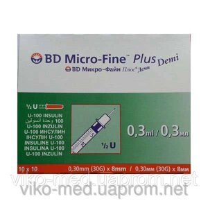 Інсуліновий шприц BD Micro-Fine Plus, 0,5 мл, з інтегрованою (впаяною) голкою (31G) 0,25 мм х 6 мм ( U-100 )
