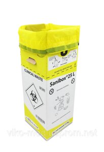 Контейнер-пакет для збору та утилізації медичних відходів Sanibox 25 л (міцний PE пакет із затяжками, картон