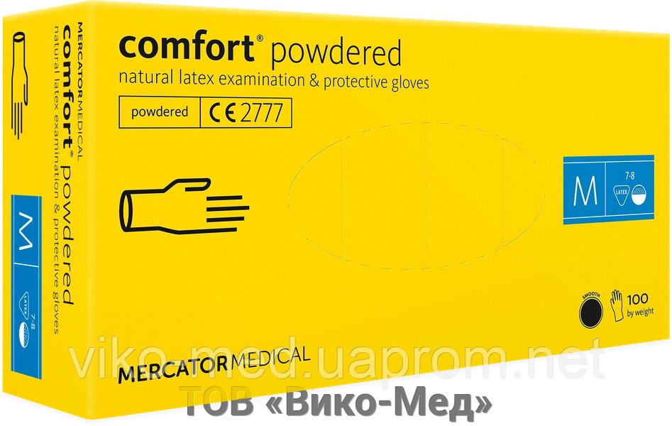 Рукавички латексні оглядові, опудренниє COMFORT POWDERED (50 пар/уп) р. S від компанії ТОВ «Віко-Мед» - фото 1