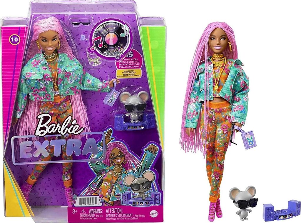 Лялька Барбі Екстра 10 рожеві афрокосички Barbie Extra з мишкою Оригінал від компанії DiscoShop - фото 1
