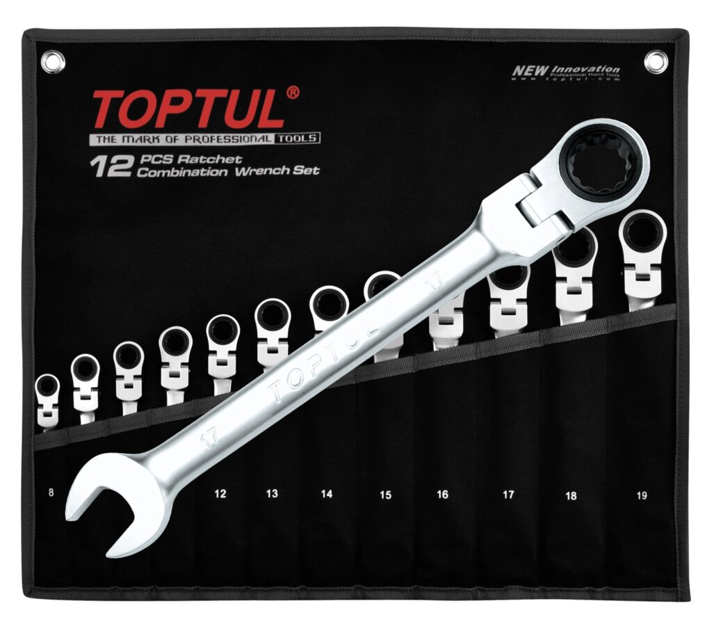 Набір ключів з тріскачкою і шарніром 8-19 мм 12 од. GPAQ1204 TOPTUL від компанії АвтоСпец - фото 1