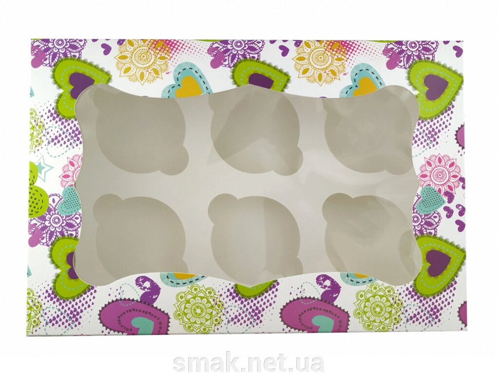 Коробка для 6-ти кексів Сердечки (з віконцем) від компанії Інтернет магазин "СМАК" - фото 1