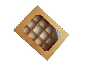 Коробка на 12 конфет с окошком, Крафт 200х156х30 мм
