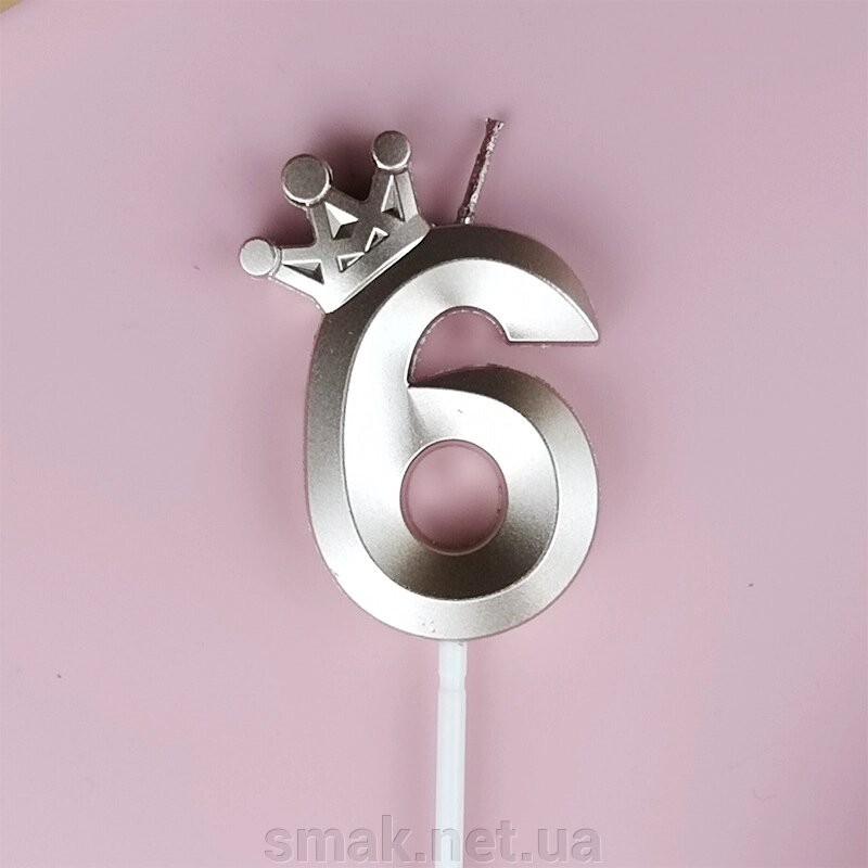 Свічка для торта цифра 6 із короною Рожеве Золото від компанії Інтернет магазин "СМАК" - фото 1