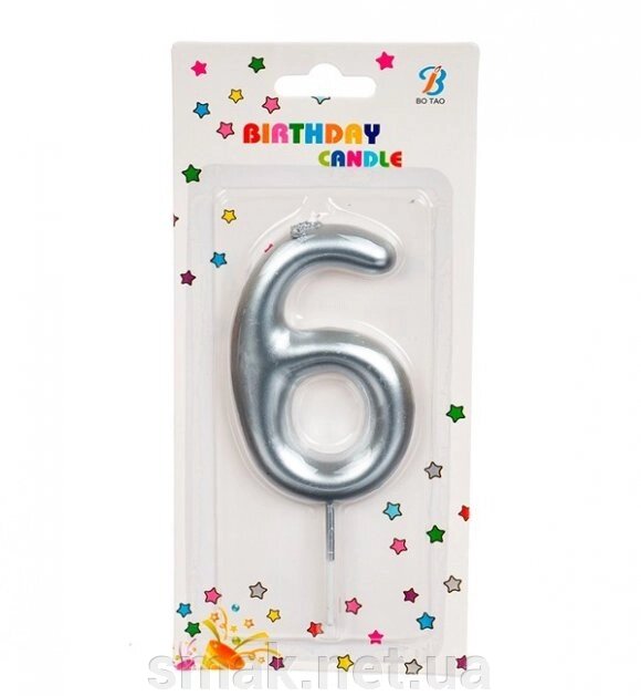 Свічка для торта цифра 6 матове срібло від компанії Інтернет магазин "СМАК" - фото 1