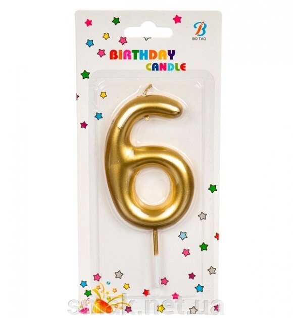 Свічка для торта цифра 6 матового золота від компанії Інтернет магазин "СМАК" - фото 1