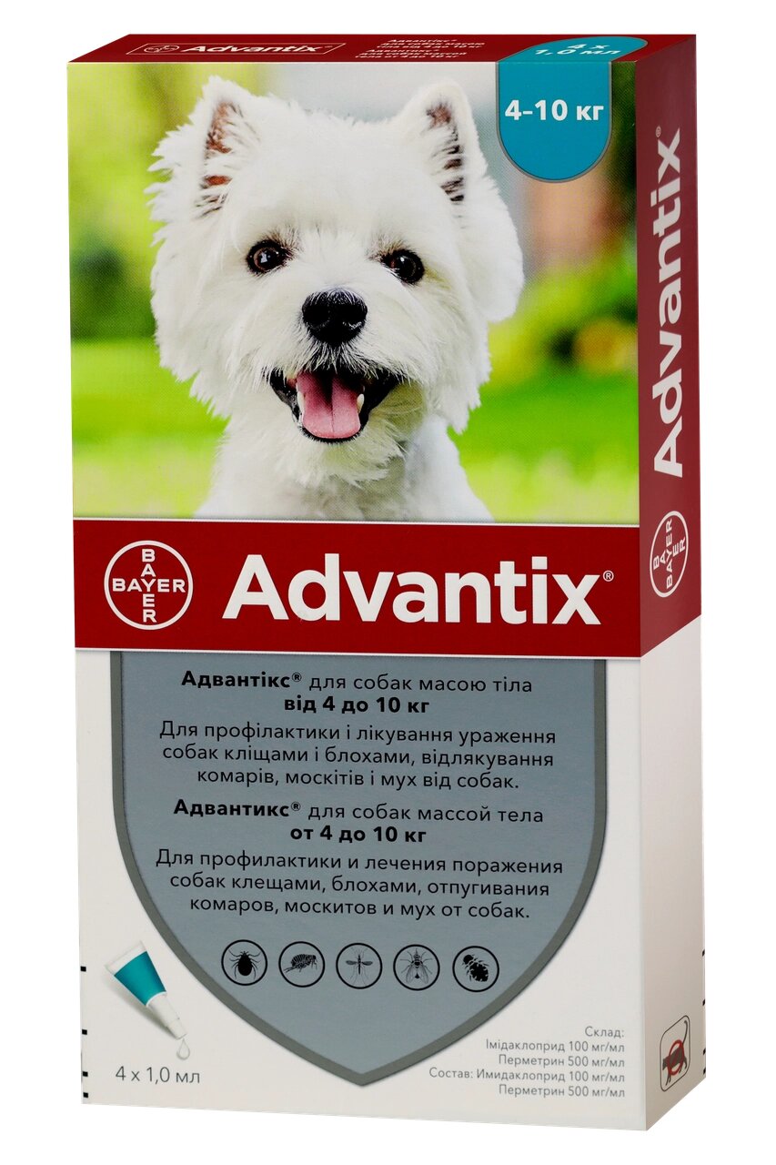 Адвантикс краплі для собак вагою від 4 до 10 кг (4 піпетки по 1.0 мл), BAYER (термін до 10.2027 р) від компанії ZooVet - Інтернет зоомагазин самих низьких цін - фото 1