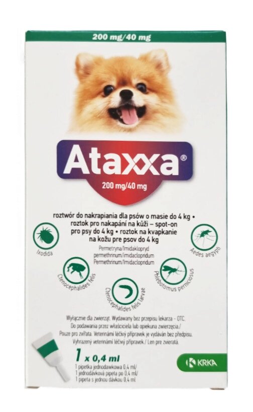 Атакса (Ataxxa) краплі для собак до 4 кг проти бліх, кліщів, вошей, волосоїдів (0,4 мл 1 піпетка) KRKA від компанії ZooVet - Інтернет зоомагазин самих низьких цін - фото 1