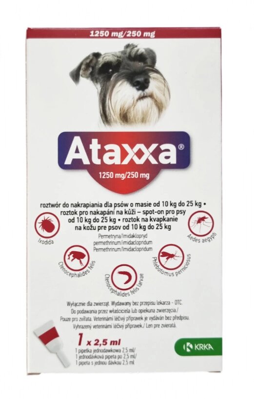 Атакса (Ataxxa) краплі для собак від 10 до 25 кг проти бліх, кліщів, вошей, волосоїдів (2,5 мл 1 піпетка) KRKA від компанії ZooVet - Інтернет зоомагазин самих низьких цін - фото 1
