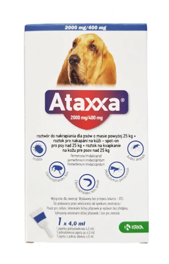 Атакса (Ataxxa) краплі для собак від 25 до 40 кг проти бліх, кліщів, вошей, волосоїдів (4,0 мл 1 піпетка) KRKA від компанії ZooVet - Інтернет зоомагазин самих низьких цін - фото 1