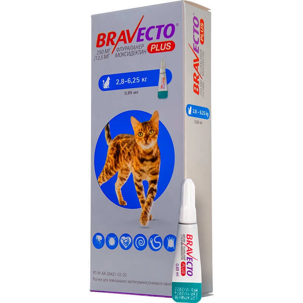 Бравекто плюс 250 мг краплі для кішок 2.8 -6.25 кг (від бліх та кліщів до 12 тижнів) MSD від компанії ZooVet - Інтернет зоомагазин самих низьких цін - фото 1