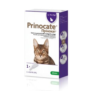 Краплі Прінокат (Prinocate) для кішок від зовнішніх і внутрішніх паразитів 4 - 8 кг (1 піпетка 0,8 мл) KRKA (термін до