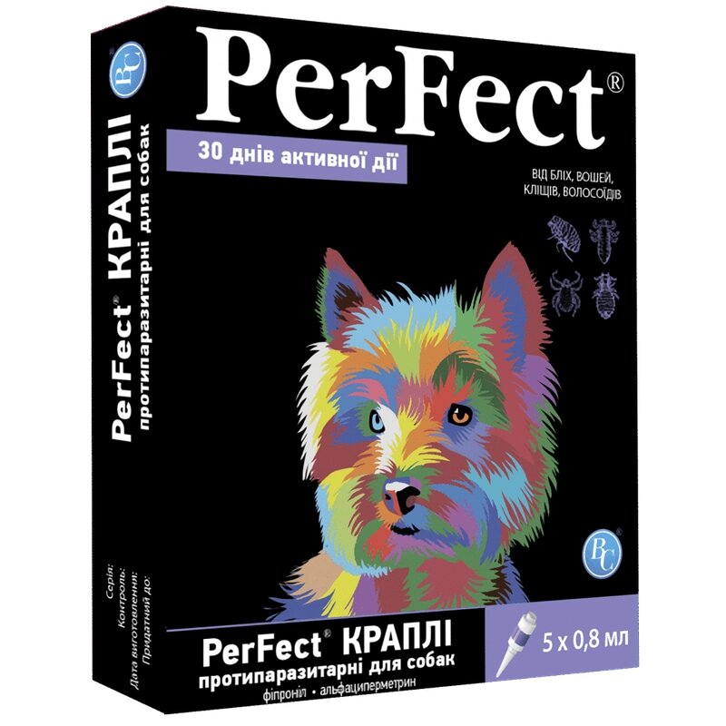 Краплі протипаразитарні Perfect для собак упаковка №5 піпеток по 0.8 мл Ветсинтез від компанії ZooVet - Інтернет зоомагазин самих низьких цін - фото 1