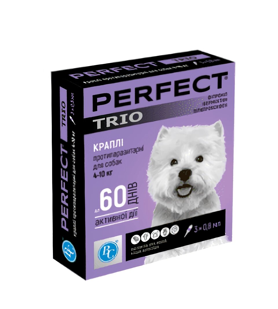 Краплі протипаразитарні PerFect TRIO для собак ввід 4 до 10 кг упаковка №3 піпетки по 0.8 мл Ветсинтез від компанії ZooVet - Інтернет зоомагазин самих низьких цін - фото 1