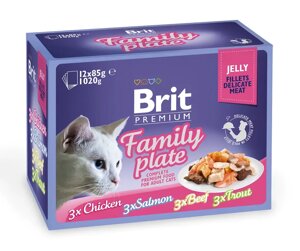 Набір паучів для котів Бріт Brit Premium сімейна тарілка в желе 12 шт х 85 г