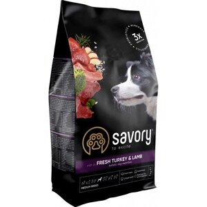 Сухий корм Сейворі Savory Medium Breed rich in Fresh Turkey & Lamb для собак середніх порід, 12 кг