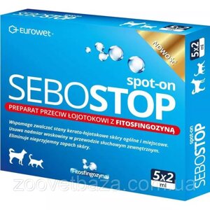 Eurowet Sebostop Spot-on краплі проти себореї (Себостоп) для собак і кішок (упаковка 5 піпеток по 2 мл)