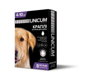 Краплі Unicum Complex від гельмінтів, бліх та кліщів на холку для собак 4-10 кг (упаковка 4 піпетки)