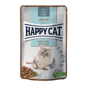 Вологий корм Happy Cat Sensitive корм з птицею та лососем для котів з чутливою шкірою та шерстю (шматочки в соусі), 85 г