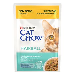 Вологий корм Cat Chow Hairball для зменшення утворення кульок шерсті у котів з куркою та квасолею, шматочки в підливці,