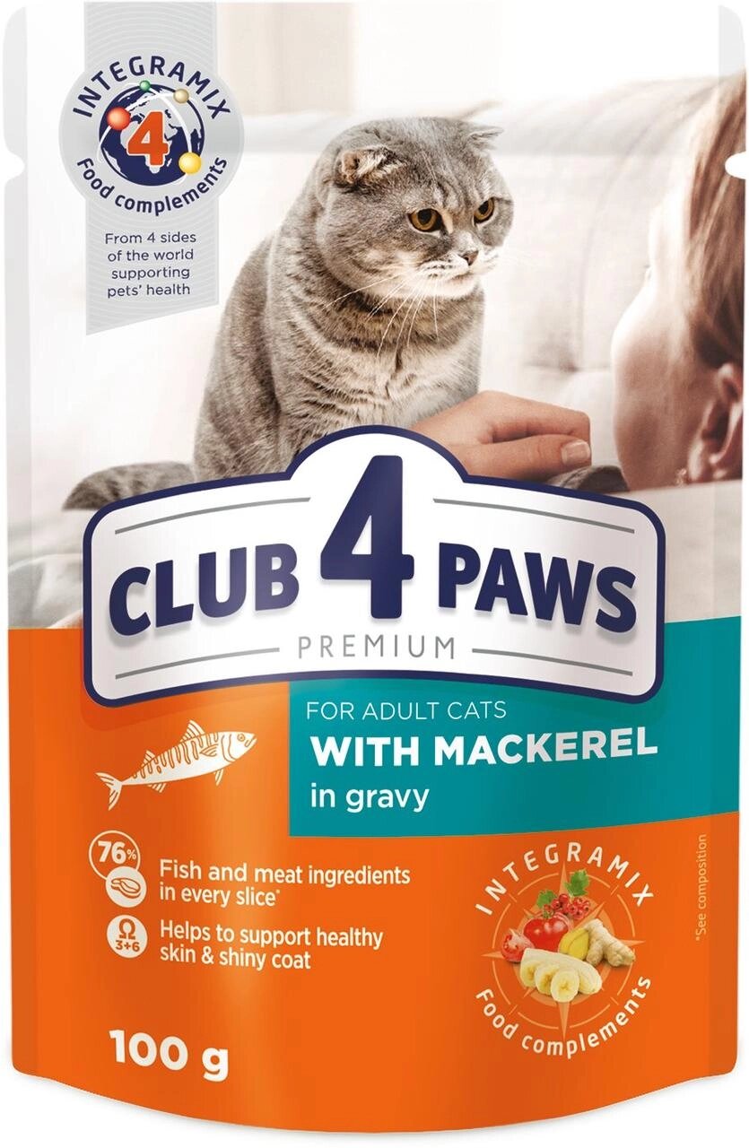 Повнораціонний консервований корм для дорослих кішок CLUB 4 PAWS (Клуб 4 Лапи) Преміум з макреллю в соусі, 100 г від компанії ZooVet - Інтернет зоомагазин самих низьких цін - фото 1