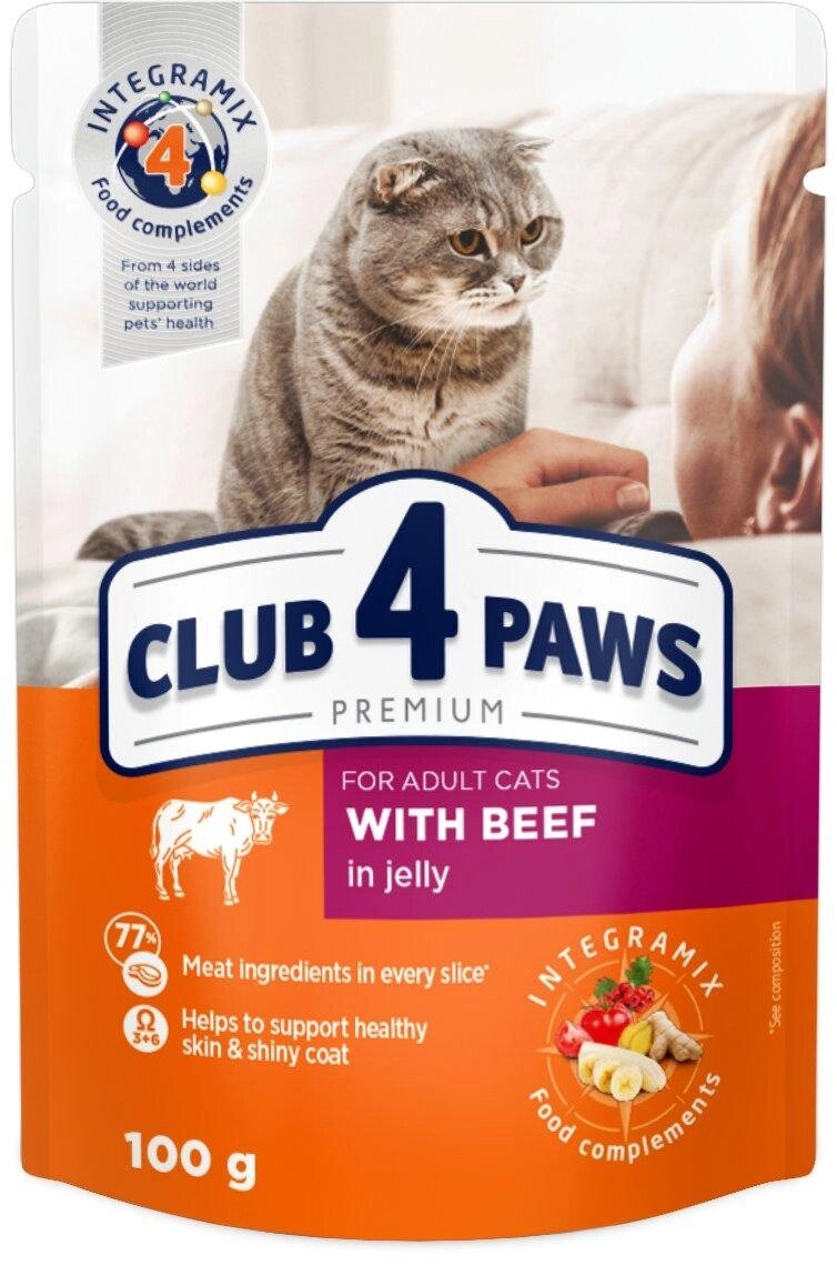 Повнораціонний консервований корм для дорослих кішок CLUB 4 PAWS (Клуб 4 лапи) Преміум з яловичиною в желе, 100 г від компанії ZooVet - Інтернет зоомагазин самих низьких цін - фото 1