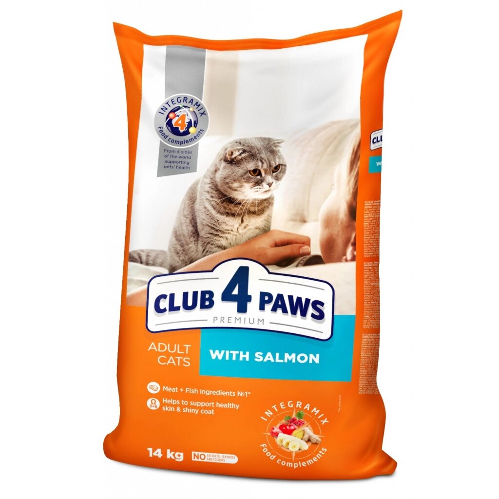 Повнораціонний сухий корм для дорослих кішок CLUB 4 PAWS (Клуб 4 Лапи) Преміум з лососем, 14 кг від компанії ZooVet - Інтернет зоомагазин самих низьких цін - фото 1