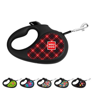 Повідець-рулетка для собак WAUDOG R-leash, малюнок "Шотландка", L, до 50 кг, 5 м, світловідбивна стрічка чорний