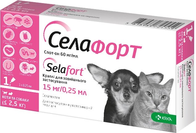 Селафорт (Selafort) краплі від бліх кліщів і гельмінтів для кішок та собак вагою до 2,5 кг (1 піпетка) KRKA від компанії ZooVet - Інтернет зоомагазин самих низьких цін - фото 1