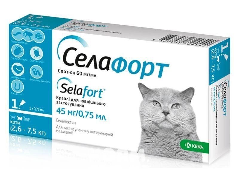 Селафорт (Selafort) краплі від бліх кліщів і гельмінтів для кішок вагою 2,6 - 7,5 кг (1 піпетка) KRKA від компанії ZooVet - Інтернет зоомагазин самих низьких цін - фото 1