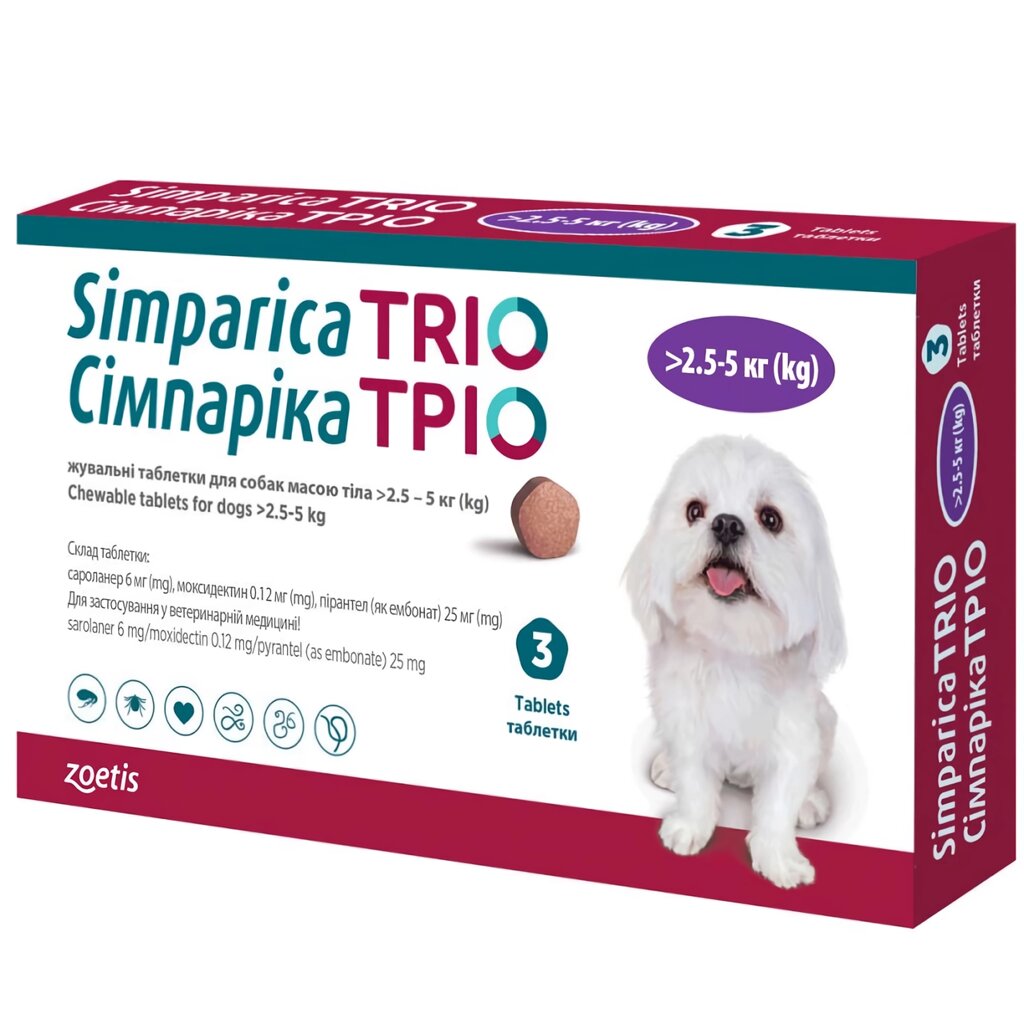 Сімпарика Тріо таблетки для собак 2,5-5 кг від бліх, кліщів і гельмінтів 1 таблетка Zoetis (термін до 06.2025 р) від компанії ZooVet - Інтернет зоомагазин самих низьких цін - фото 1