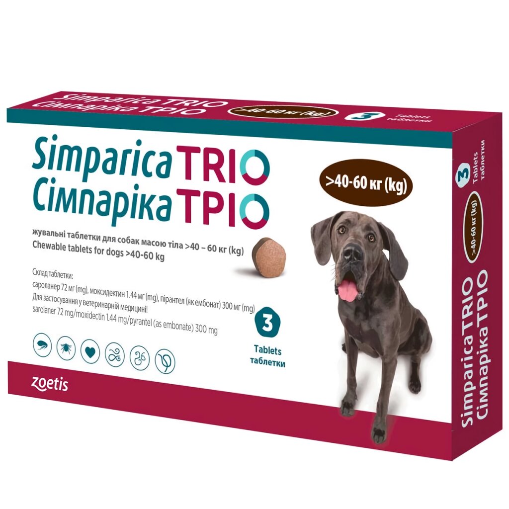 Сімпарика Тріо таблетки для собак 40-60 кг від бліх, кліщів і гельмінтів 1 таблетка Zoetis (термін до 12.2024 р) від компанії ZooVet - Інтернет зоомагазин самих низьких цін - фото 1