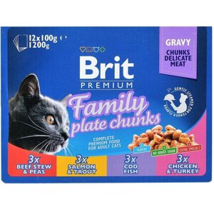 Вологий корм для котів Бріт Brit Premium Набір павучів сімейна тарілка асорті 4 смаки 100 г х 12 шт