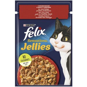 Вологий корм Фелікс Felix Sensations Jellies для кішок шматочки з яловичиною і томатами в желе 85 г, Purina