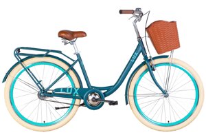 Жіночий красивий міський велосипед 26" дорожній з кошиком Доріжник Dorozhnik LUX 2022 смарагдовий (м)