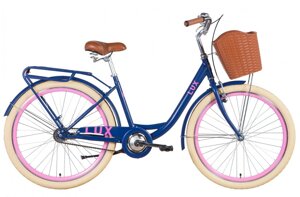 Жіночий красивий міський велосипед 26" дорожній з кошиком Доріжник Dorozhnik LUX 2022 синій з рожевим (м)