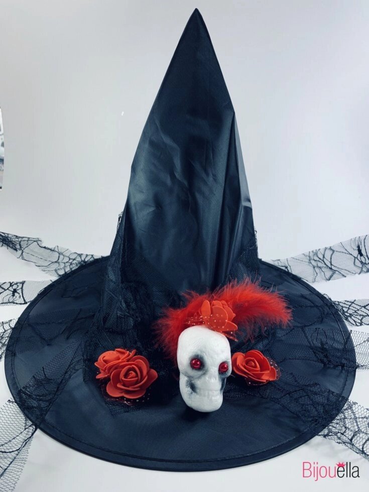 Чорний ковпак Відьми з черепом і трояндами капелюх для образу відьми на карнавал Хелловін від компанії Інтернет магазин "Megamaks" - фото 1