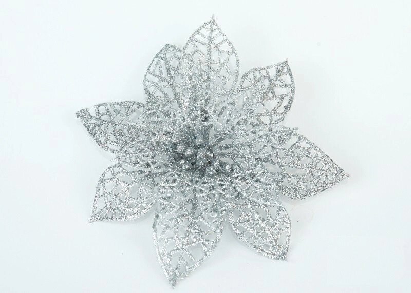 Декор новорічний ажурний квітка пуансеттия срібло від компанії Інтернет магазин "Megamaks" - фото 1