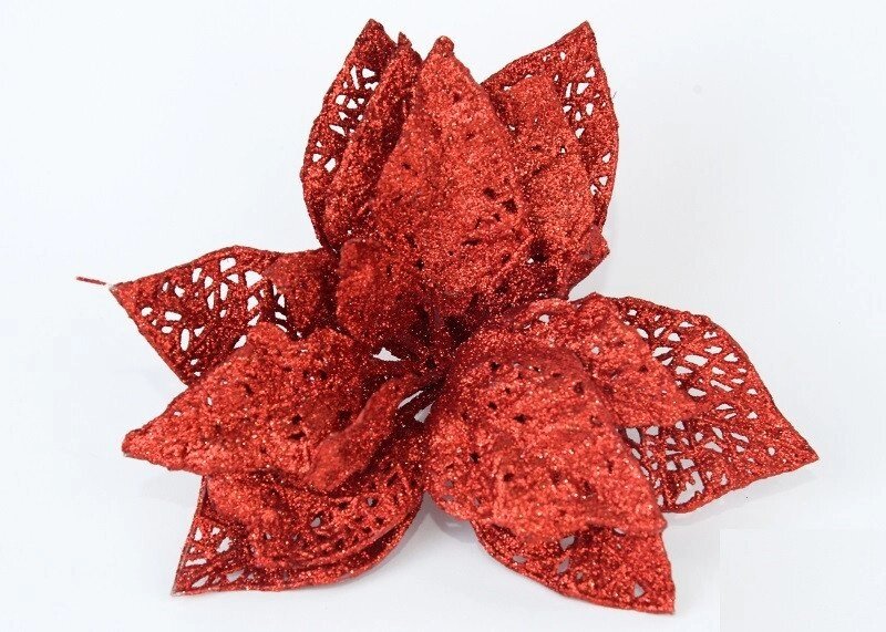 Декор новорічний квітка рождественник декоративний з глітером червоного кольору від компанії Інтернет магазин "Megamaks" - фото 1