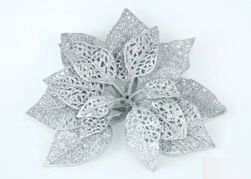 Декор новорічний квітка рождественник декоративний з глітером срібло від компанії Інтернет магазин "Megamaks" - фото 1