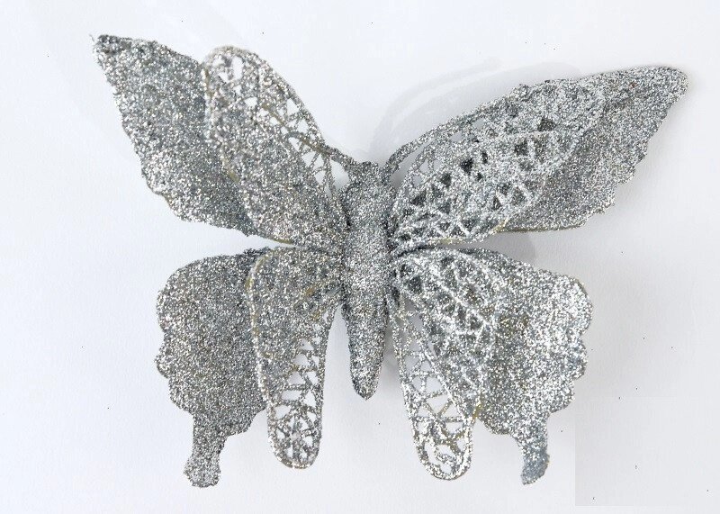 Декор новорічний метелик з глітером срібло від компанії Інтернет магазин "Megamaks" - фото 1