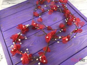 Діадема-вінок 19490 червоні квіти з перлами гарну прикрасу для голови