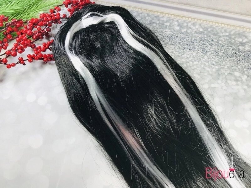 Ефектний довгий чорний парик з білими локонами 60 см, 150 гр на карнавальну новорічну вечірку від компанії Інтернет магазин "Megamaks" - фото 1