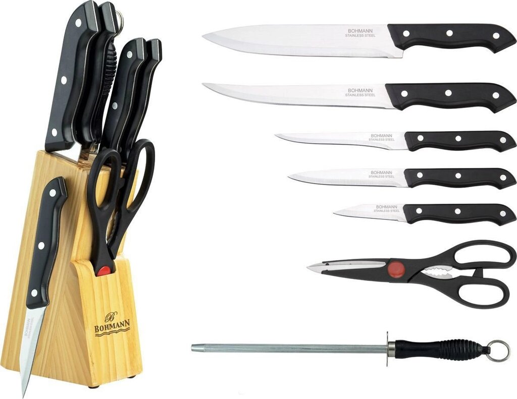 Кухонний набір ножів 7 предметів Bohmann BH-5103AS чорна ручка дерев'яна підставка від компанії Інтернет магазин "Megamaks" - фото 1