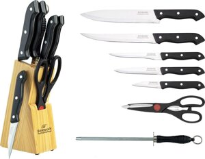 Кухонний набір ножів 7 предметів Bohmann BH-5103AS чорна ручка дерев'яна підставка