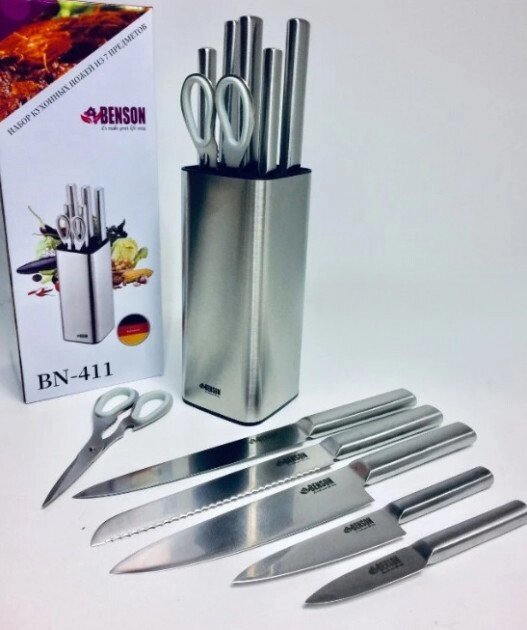 Набір кухонних ножів 7 предметів Benson BN-411 на підставці нержавіюча сталь від компанії Інтернет магазин "Megamaks" - фото 1